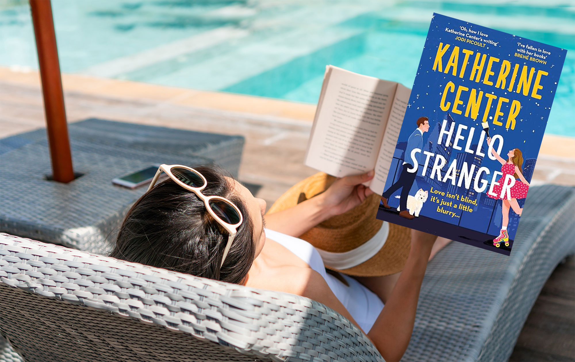 Woman reading book on Sun Lounger by pool Pictured is the cover of 